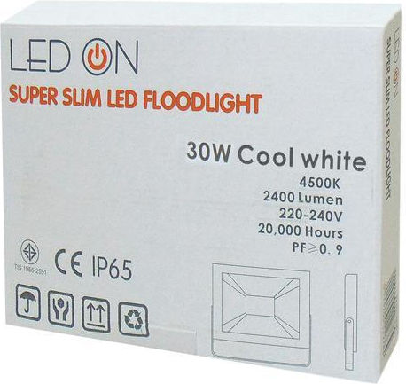 Led On Στεγανός Προβολέας LED 30W Φυσικό Λευκό 4000K IP65