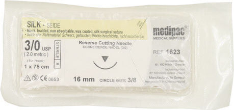 Silk Sutures 3/0 75cm 16mm 3/8 Circle Cutting 1623 Medipac 24pcs