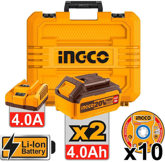 Ingco CAGLI271532 Τροχός 115mm Μπαταρίας Brushless με Ρύθμιση Στροφών 2x4Ah