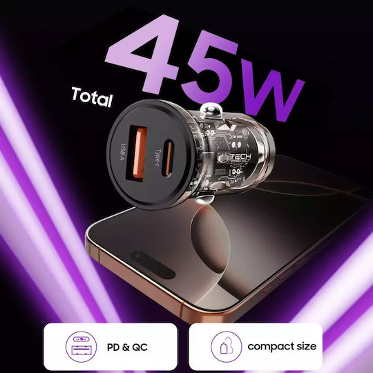 Tech-Protect Cc01 Car Charger 45W Fast Charging With Ports 1xUSB 1xType-C Black Colour