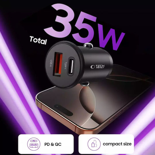 Tech-Protect Cc02 Φορτιστής Αυτοκινήτου 35W 3A Γρήγορης Φόρτισης με Θύρες: 1xUSB 1xType-C Μαύρο Χρώμα