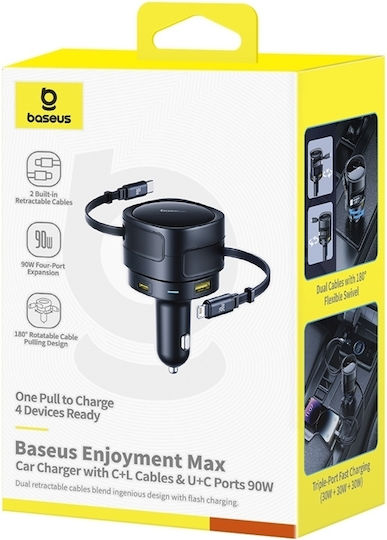 Baseus Enjoyment Max Φορτιστής Αυτοκινήτου 90W Γρήγορης Φόρτισης με Θύρες: 1xUSB 1xType-C μαζί με Καλώδιο Type-C / Lightning Μαύρο Χρώμα