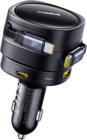 Baseus Enjoyment Max Auto-Ladegerät 90W Schnellladung mit Anschlüssen: 1xUSB 1xType-C mit Kabel Typ-C,TC-TC Schwarz Farbe