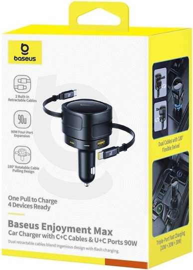 Baseus Enjoyment Max Auto-Ladegerät 90W Schnellladung mit Anschlüssen: 1xUSB 1xType-C mit Kabel Typ-C,TC-TC Schwarz Farbe