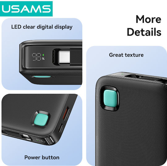 Usams CD224 Power Bank 10000mAh 20W με Θύρα USB-A και Θύρα USB-C Power Delivery Μαύρο