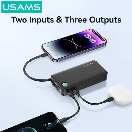 Usams CD225 Lightning Power Bank 10000mAh 20W с USB-A порт и USB-C порт Power Delivery Черен