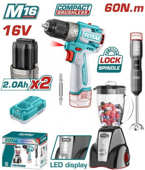 Total Set Mașină de găurit & Blender & Blender de mână Brushless 16V cu 2 baterii 2Ah