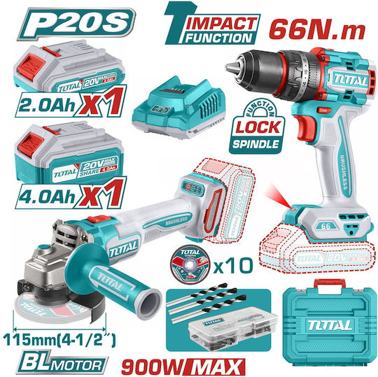 Total Set Angle Wheel & Drill Driver & Impact Drill Driver Brushless 20V with 2 Batteries 4Ah - 2Ah and Case
