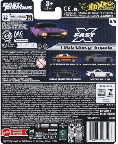 Hot Wheels Premium Fast & Furious Car 1966 Chevy Impala Scale 1:64 For Ages 3+