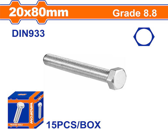 Wadfow Screw Hexagon Galvanized DIN 933 with Diameter M20 and Length 80mm 15pcs 3.5kg