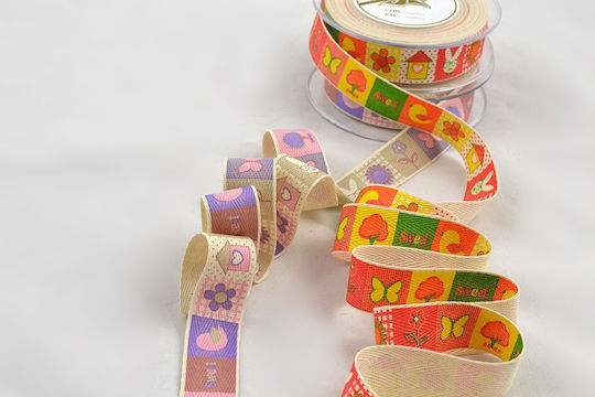 Herringbone Ribbon with Children's Designs 2.5cm 9m Orange Lime