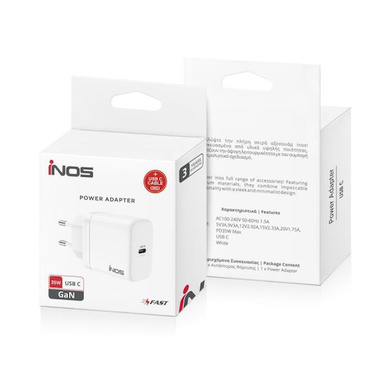 iNOS Charger GaN with USB-C Port and Cable USB-C - USB-C 35W Power Delivery / Quick Charge 3.0 Whites