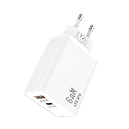 iNOS Charger GaN with USB-A Port and USB-C Port and Cable USB-C - Lightning 45W Power Delivery / Quick Charge 3.0 Whites