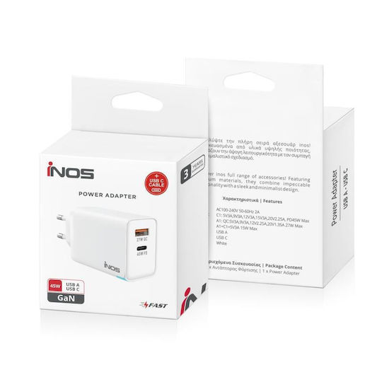 iNOS Charger GaN with USB-A Port and USB-C Port and Cable USB-C - USB-C 45W Power Delivery / Quick Charge 3.0 Whites