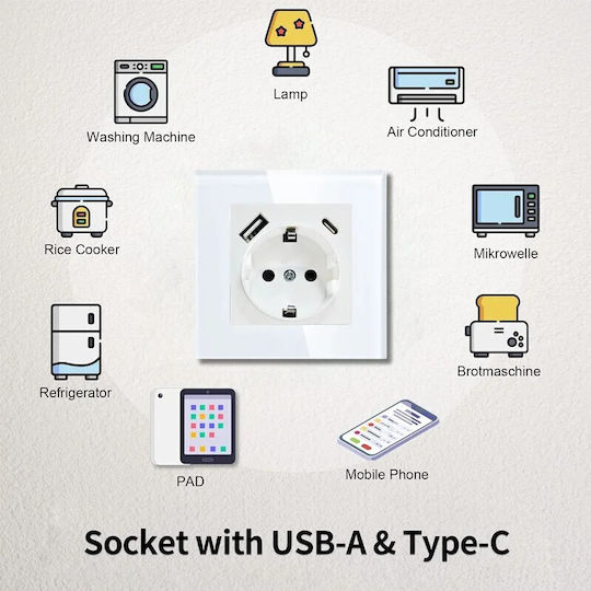 Μονή Χωνευτή Πρίζα Ρεύματος με 2 Θύρες USB Λευκή