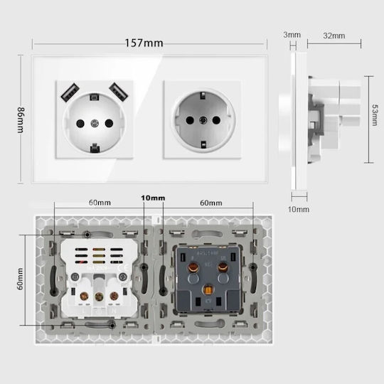 Двойна Мортис Електрически Контакт с 2 USB Порта Бял