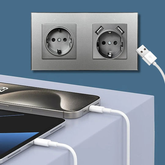 Двойна Мортис Електрически Контакт с 2 USB Порта Сребрист