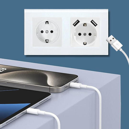 Двойна Мортис Електрически Контакт с 2 USB Порта Бял