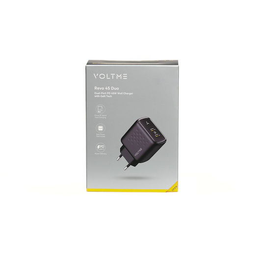 Voltme Φορτιστής Χωρίς Καλώδιο GaN με 2 Θύρες USB-C 45W Power Delivery / Quick Charge 3.0 Μαύρος (Revo)
