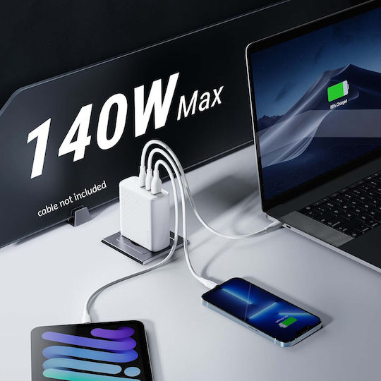 Voltme Charger Without Cable GaN with USB-A Port and 2 USB-C Ports 140W Power Delivery Whites (Revo)