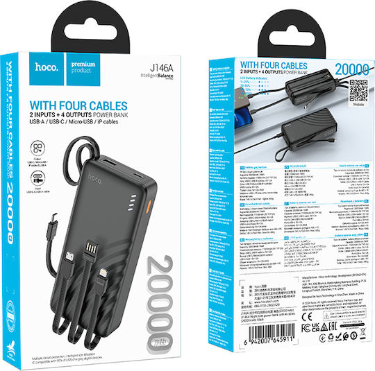 Hoco J146A Power Bank 20000mAh με Θύρα USB-A και Θύρα USB-C Μαύρο