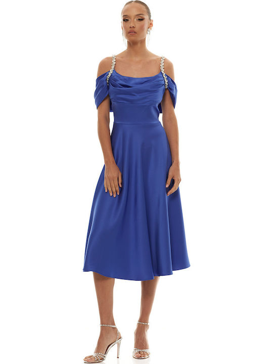Summer Midi Evening Satin Dress Spaghetti Strap Blue