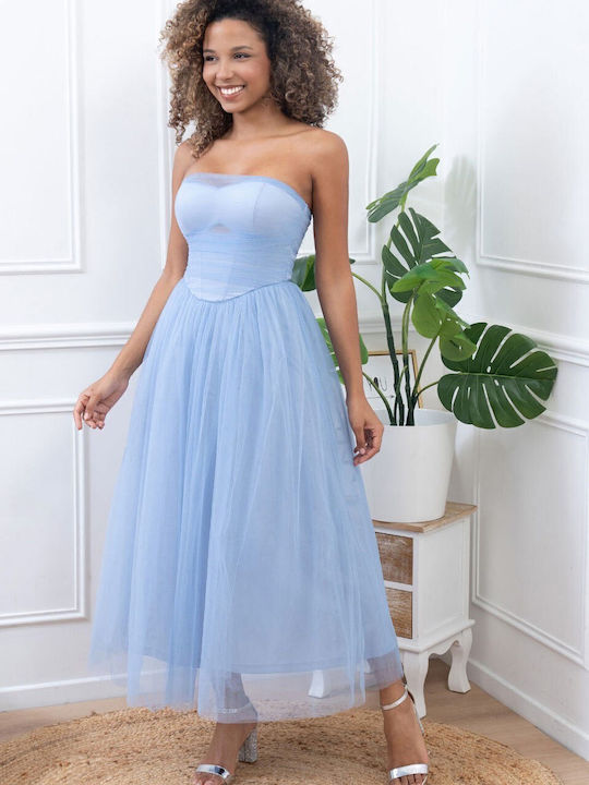 Summer Midi Dress for Wedding Christening Strapless with Tulle Light Blue