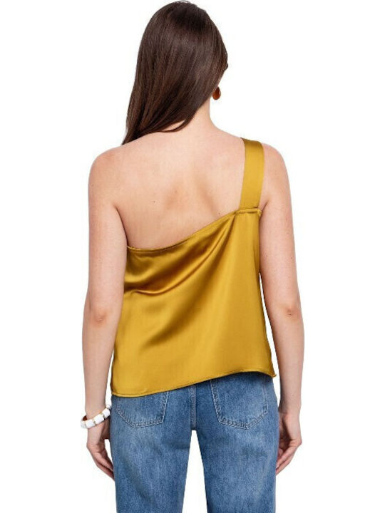 Women's Blouse Satin Drape with One Shoulder Mustard