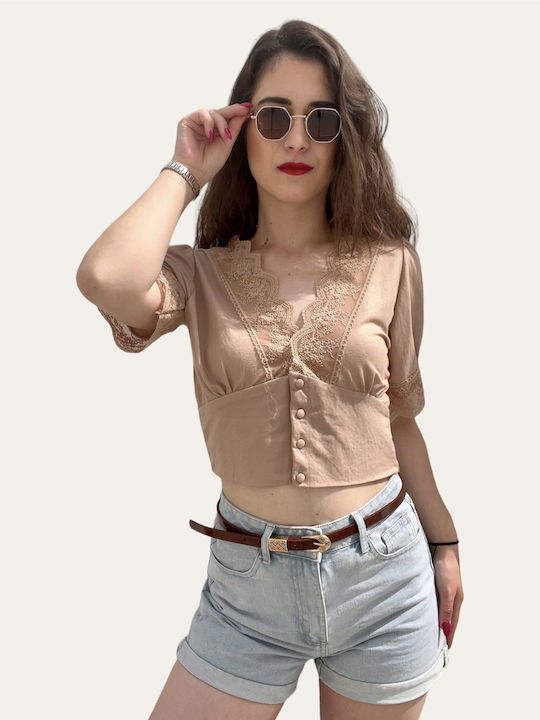 Damen Bluse mit Spitze Beige