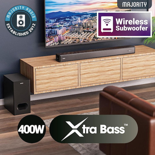 Majority Sierra Plus Soundbar 2.1.2 Bluetooth και HDMI 400W με Ασύρματο Subwoofer και Τηλεχειριστήριο Διάφανο