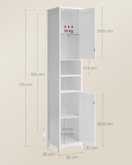 Vasagle Badezimmersäule Wandhängeschrank H30xB30xH170cm Weiß