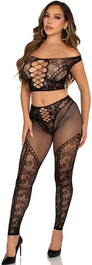 Leg Avenue Crop Top Fishnet Legging Bare Shoulders Black