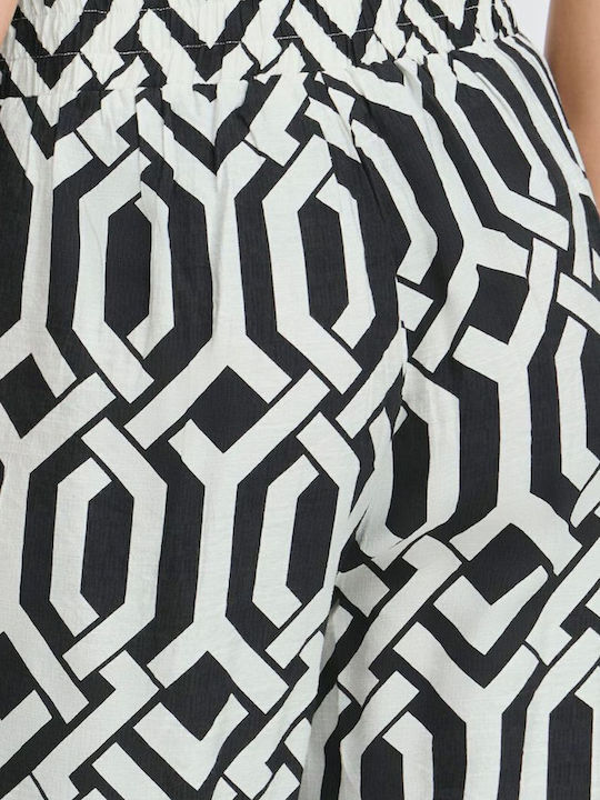 Women's Fabric Trousers with Elastic Loose Fit White, Black & White