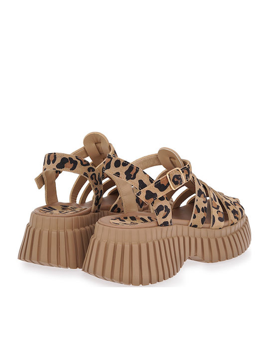 Δερμάτινα Γυναικεία Σανδάλια Flatforms Leopard