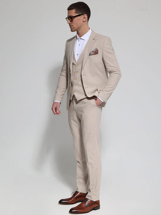 Men's Summer Suit with Vest Beige