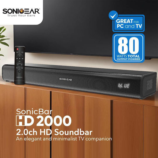 Sonic Gear SONIC BAR HD 2000 Безжични компютърни тонколони Компютърни тонколони 2.0 с Bluetooth и мощност 80W в Черен цвят