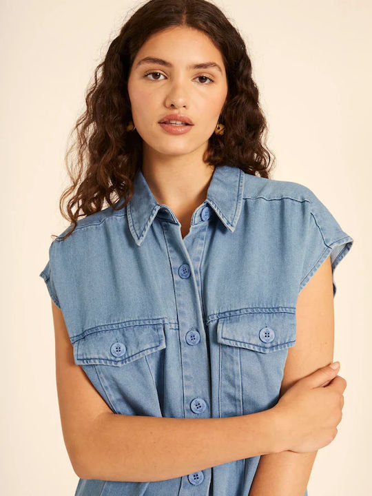 Sommer Mini Hemdkleid Denim Blau