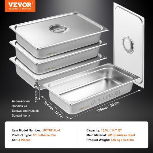 Set of 4 Stainless Steel Hotel Pans with Lid 4" Depth Vevor 11qccpyg4ycsh7pulv0
