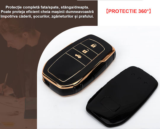 Husă de protecție premium pentru cheie Toyota, material TPU de înaltă calitate, compatibilă cu Toyota Yaris Cross, Highlander, Hilux, Camry, Land Cruiser, C-HR, Corolla, Rav4, 3 butoane, negru auriu, Luvlu