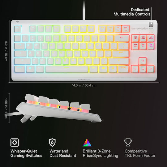 SteelSeries APEX 3 TKL Gaming Πληκτρολόγιο Tenkeyless με RGB φωτισμό (Αγγλικό US) Λευκό