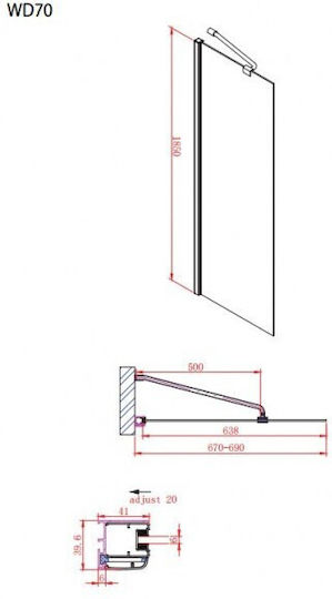 Devon Iwis Walk-in Shower Screen for Shower with Sliding Door 57-59x185cm Clear Glass Chrome