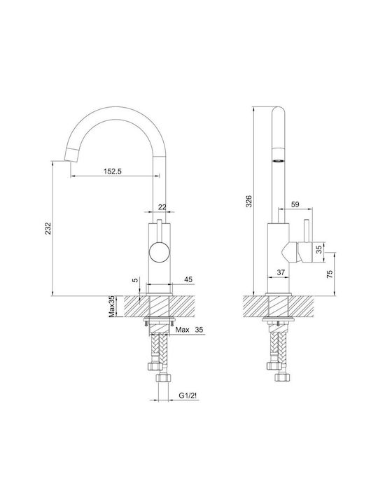 Interflex Μπαταρία Κουζίνας Ψηλή Πάγκου Inox Interflex Μπαταρία Κουζίνας Ψηλή Πάγκου Inox