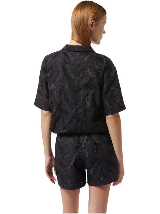 Kurzärmeliges Damen-Denim-Halbknopfhemd Schwarz