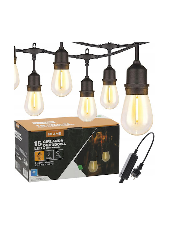 Στεγανή Γιρλάντα Φωτισμού LED IP44 15m με 15 Λάμπες Θερμό Λευκό