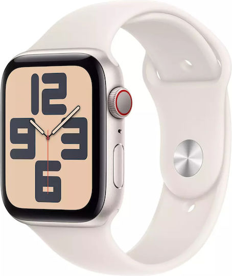 Apple Apple Watch SE 2024 Cellular Aluminium 44mm Wasserdicht mit eSIM und Herzfrequenzmesser (Starlight mit Starlight Sport Armband (M/L) - M/L)