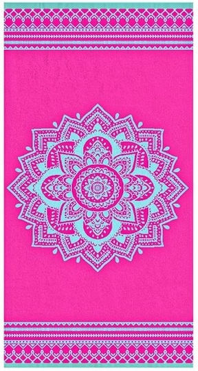Prosop de plajă din bumbac, model mandala, 150x75cm, fucsia