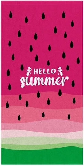 Prosop de plajă cu text „hello Summer”, model pepene verde, bumbac, 150x75cm, fucsia