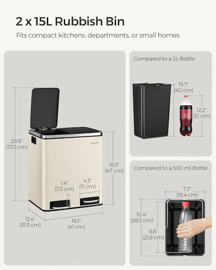 Songmics Recycling Mülleimer aus Inox mit Pedal Beiges 15lt