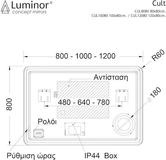 Luminor Cult Μεγεθυντικός Τετράγωνος Καθρέπτης Μπάνιου Led Αφής 80x18cm
