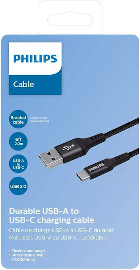 Philips Braided USB 3.0 Cablu USB-C bărbătesc - USB-A 15W Negru 2m (DLC5206A/00)